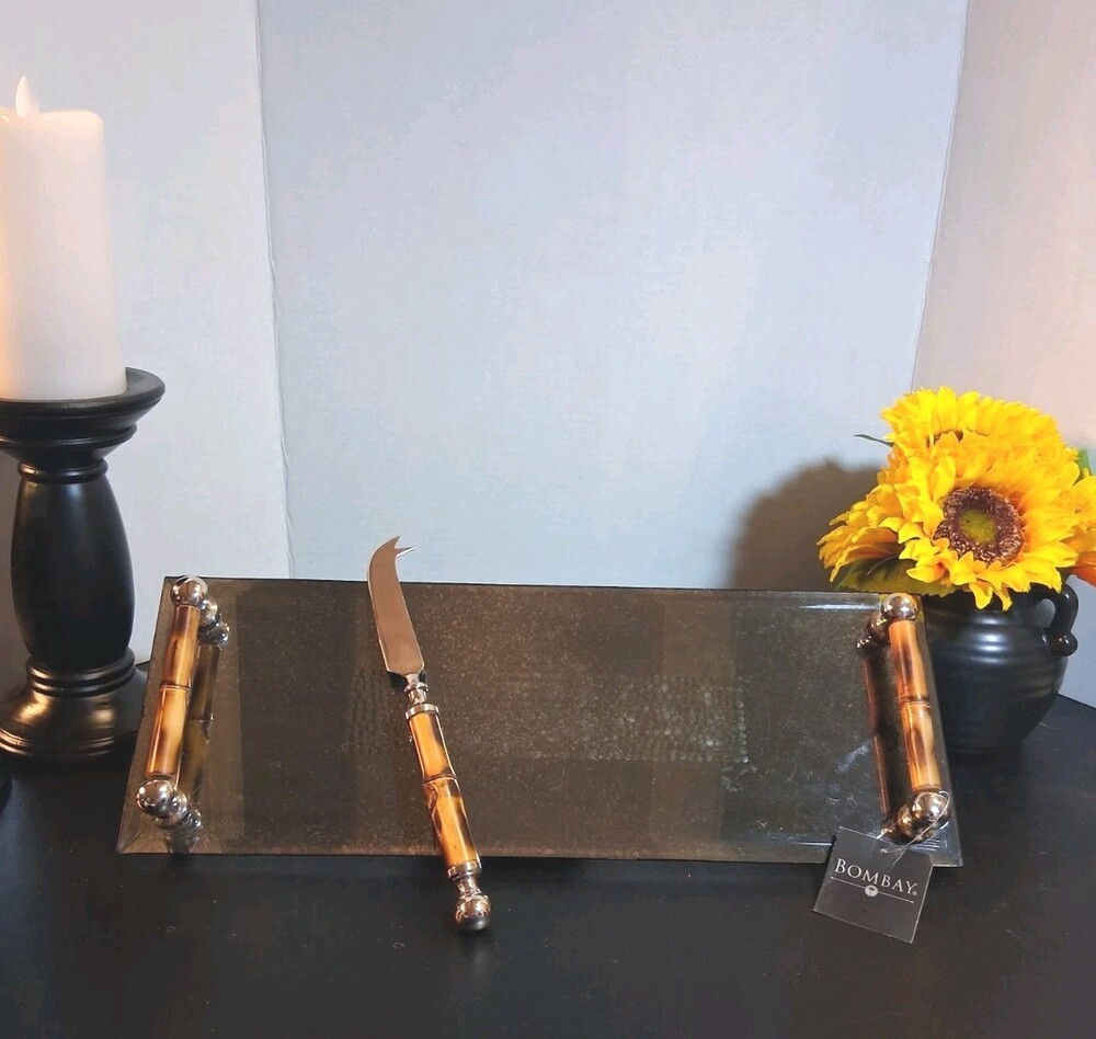 NEW! BOMBAY CO.Mirror Tray+Cheese Knife Set;Faux Tortoishell/Bamboo Handles; NWT